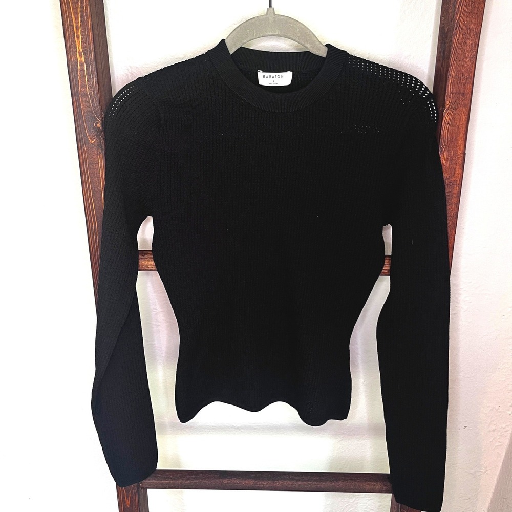 Babaton Ribbed Waffle Mesh Knit Sweater Black Pointelle Crew Neck Slim Fit S